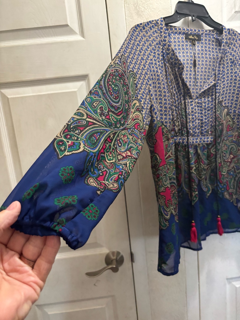 Melissa Paige Blue Sheer Paisley Tie-Front Jacket with Pink Accents